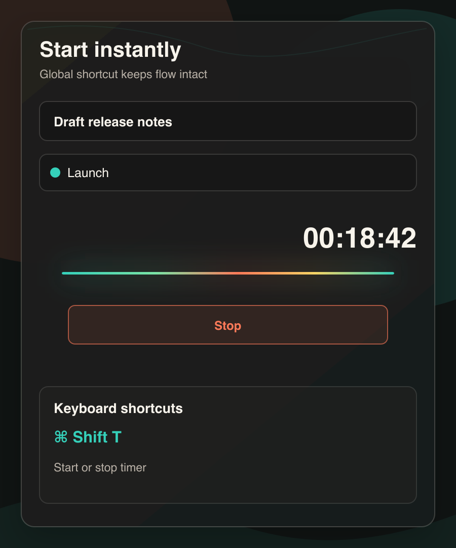 Track it compact timer screen with keyboard shortcut focused workflow